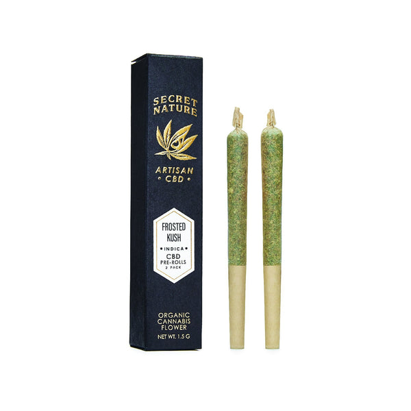 Frosted Kush - CBD Hemp Flower Pre-Rolled Joints, Indica, Relax, 100% Trimmed Flower Buds, Ultra Premium, 2 Pack - Secret Nature