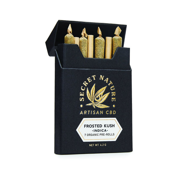 Frosted Kush - CBD Hemp Flower Pre-Rolled Joints, Indica, Relax, 100% Trimmed Flower Buds, Ultra Premium, 7 Pack - Secret Nature